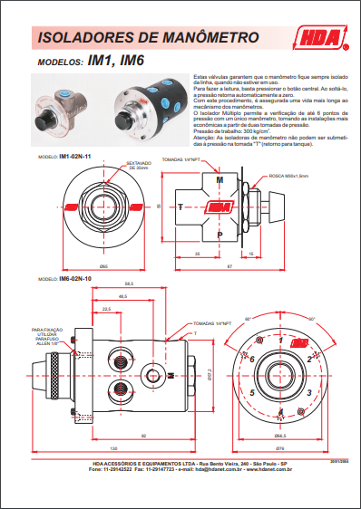 Isoladores de Manômetro - Modelos IM1, IM6